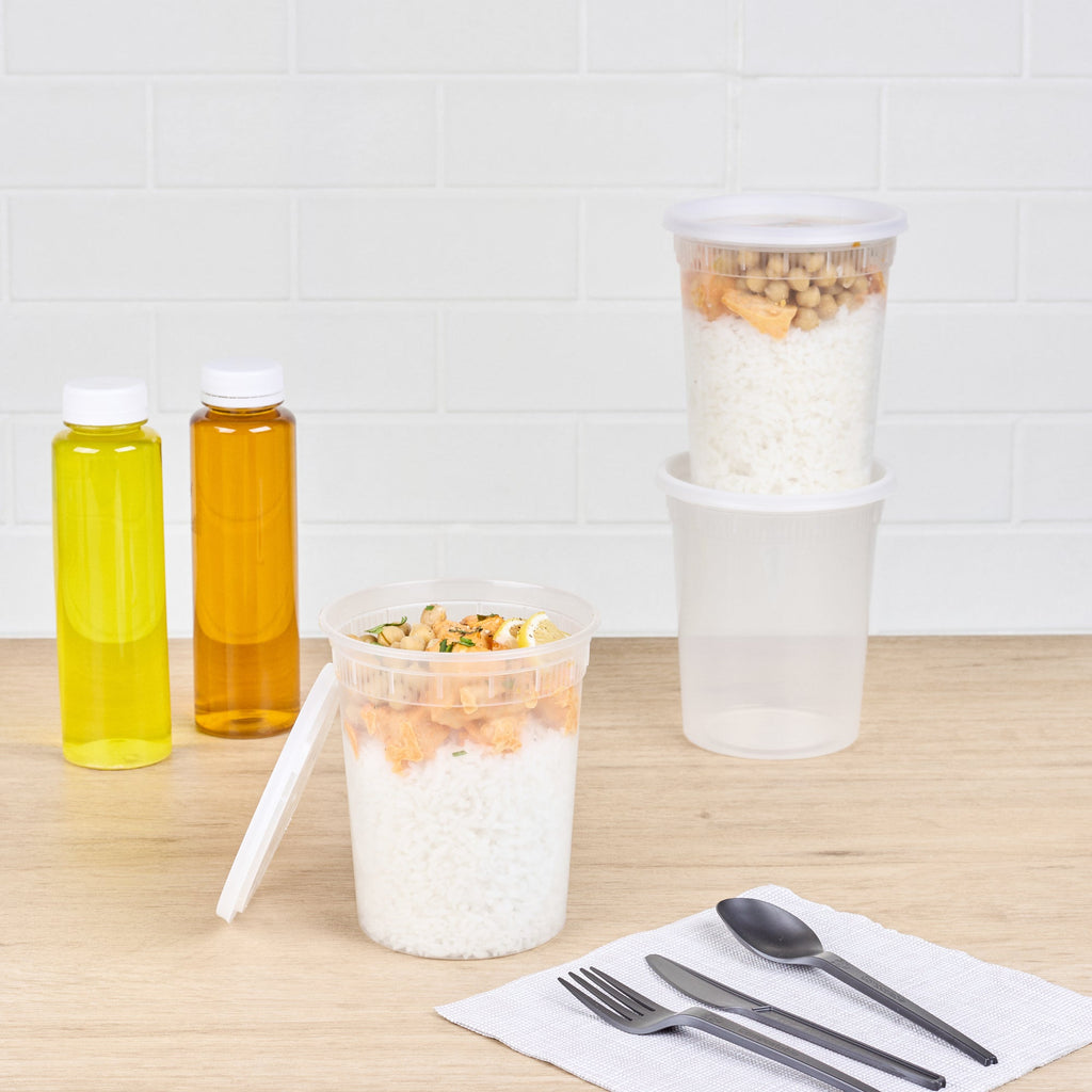 ภาชนะซุปพลาสติกใสทรงกลม Asporto 32 oz พร้อมฝา - ใช้ไมโครเวฟได้ - 100 ชิ้น