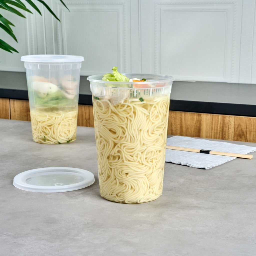 ภาชนะซุปพลาสติกใสทรงกลม Asporto 48 oz พร้อมฝา - ใช้ไมโครเวฟได้ - 100 ชิ้น