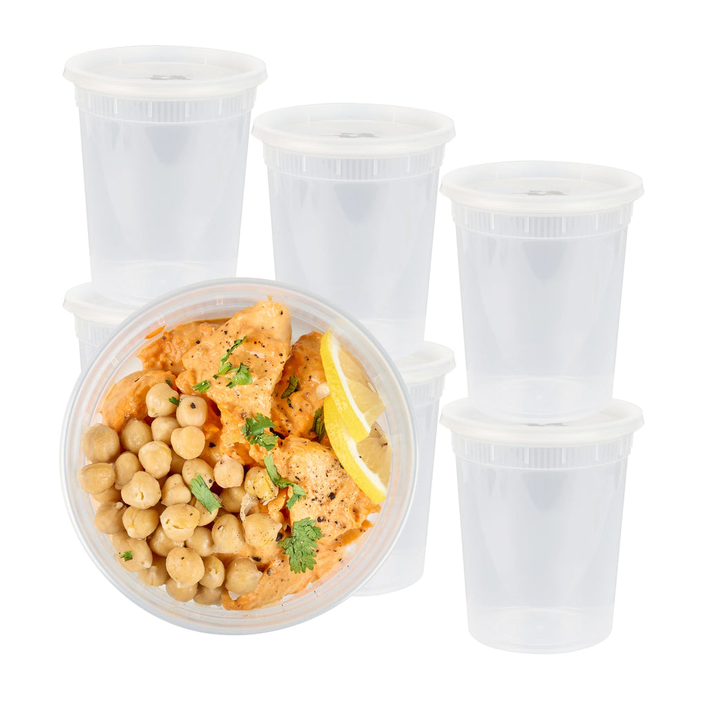 ภาชนะซุปพลาสติกใสทรงกลม Asporto 32 oz พร้อมฝา - ใช้ไมโครเวฟได้ - 100 ชิ้น